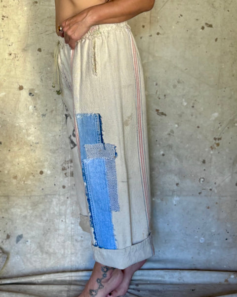 Patched flour sack lounge pants