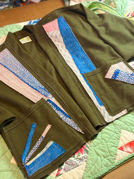 Army wool blanket jacket with kantha patches