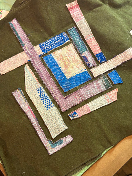 Army wool blanket jacket with kantha patches