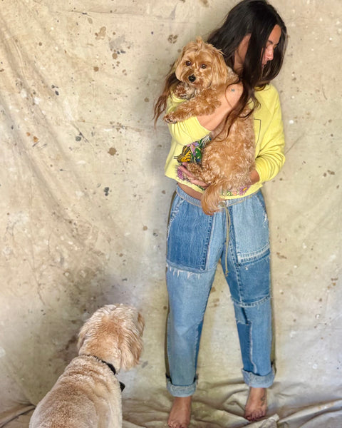 Pieced denim and army lounge pants