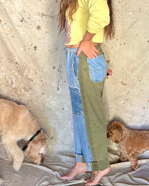 Pieced denim and army lounge pants