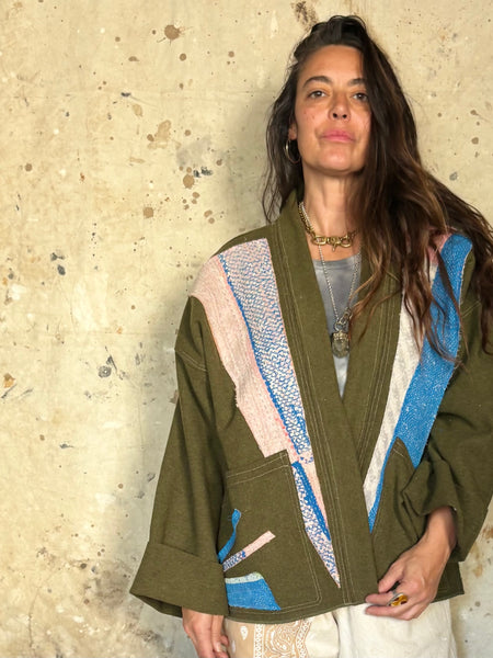 Army wool blanket jacket with kantha patches