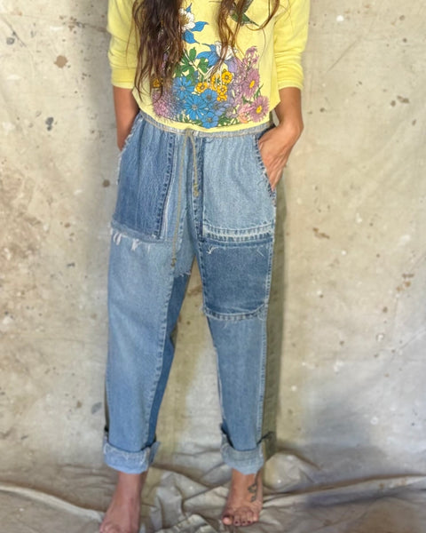 Pieced denim and army lounge pants