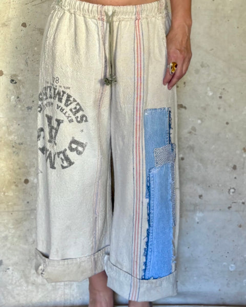 Patched flour sack lounge pants