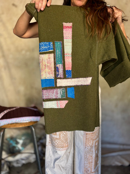 Army wool blanket jacket with kantha patches