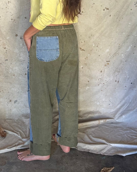 Pieced denim and army lounge pants
