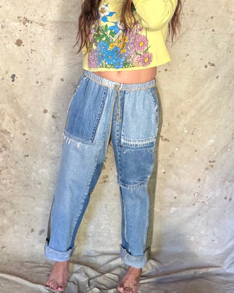 Pieced denim and army lounge pants