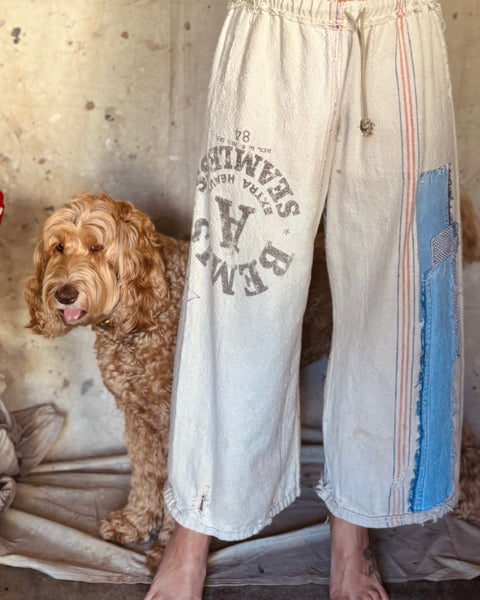 Patched flour sack lounge pants