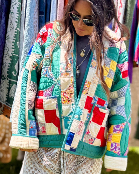 Mixed Quilt Long Kimono Jacket