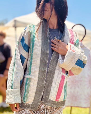 White and Pastel Kantha Kimono Jacket