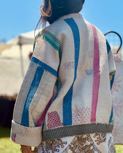 White and Pastel Kantha Kimono Jacket
