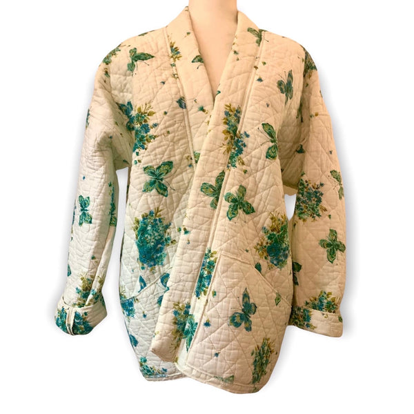 Teal Butterfly Long Quilted Kimono
