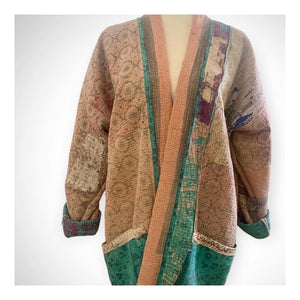 Pink/Turq Mixed Kantha cloth Kimono