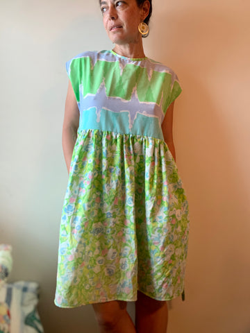 Green Neon Soundwave Floral Babydoll Dress