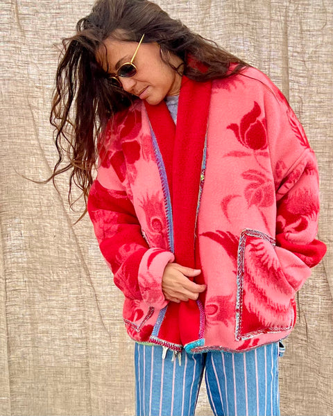 Pink/red fuzzy blanket jacket