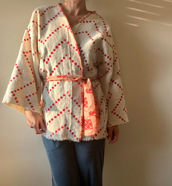 Ivory/Red Kimono Wrap Jacket