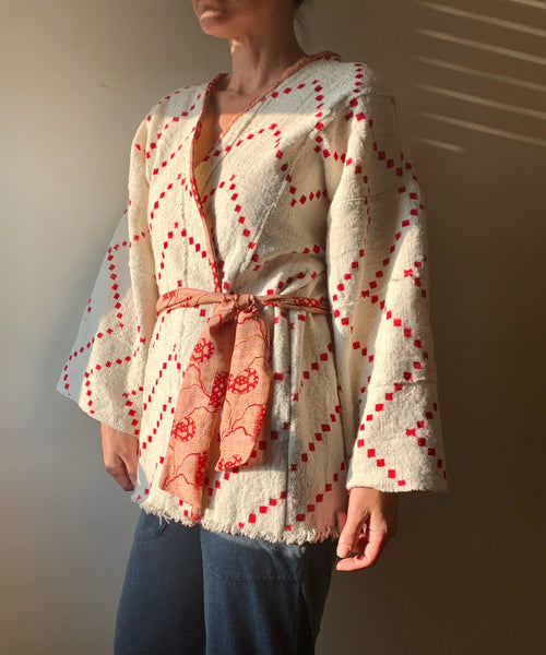 Ivory/Red Kimono Wrap Jacket