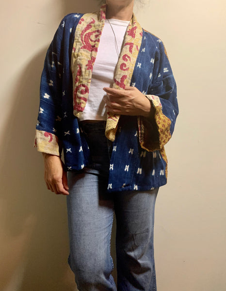 Indigo Cropped Kimono with Kantha Trim