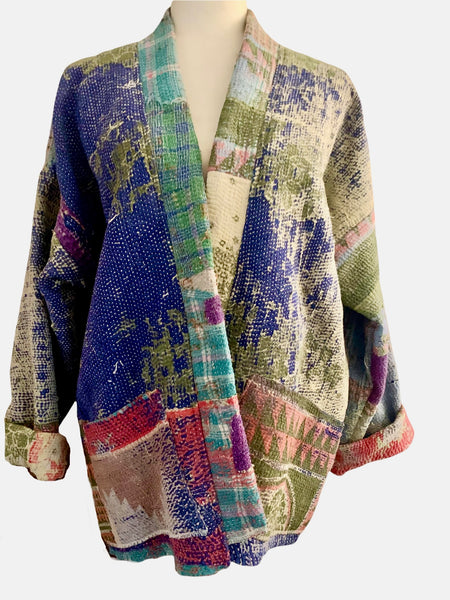 Multicolor Mixed Kantha long Kimono Jacket