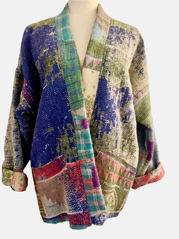 Multicolor Mixed Kantha long Kimono Jacket