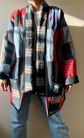 Denim/Red/Blue Plaid Patchwork Kimono