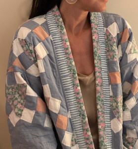 Chambray/White checked Kimono Jacket